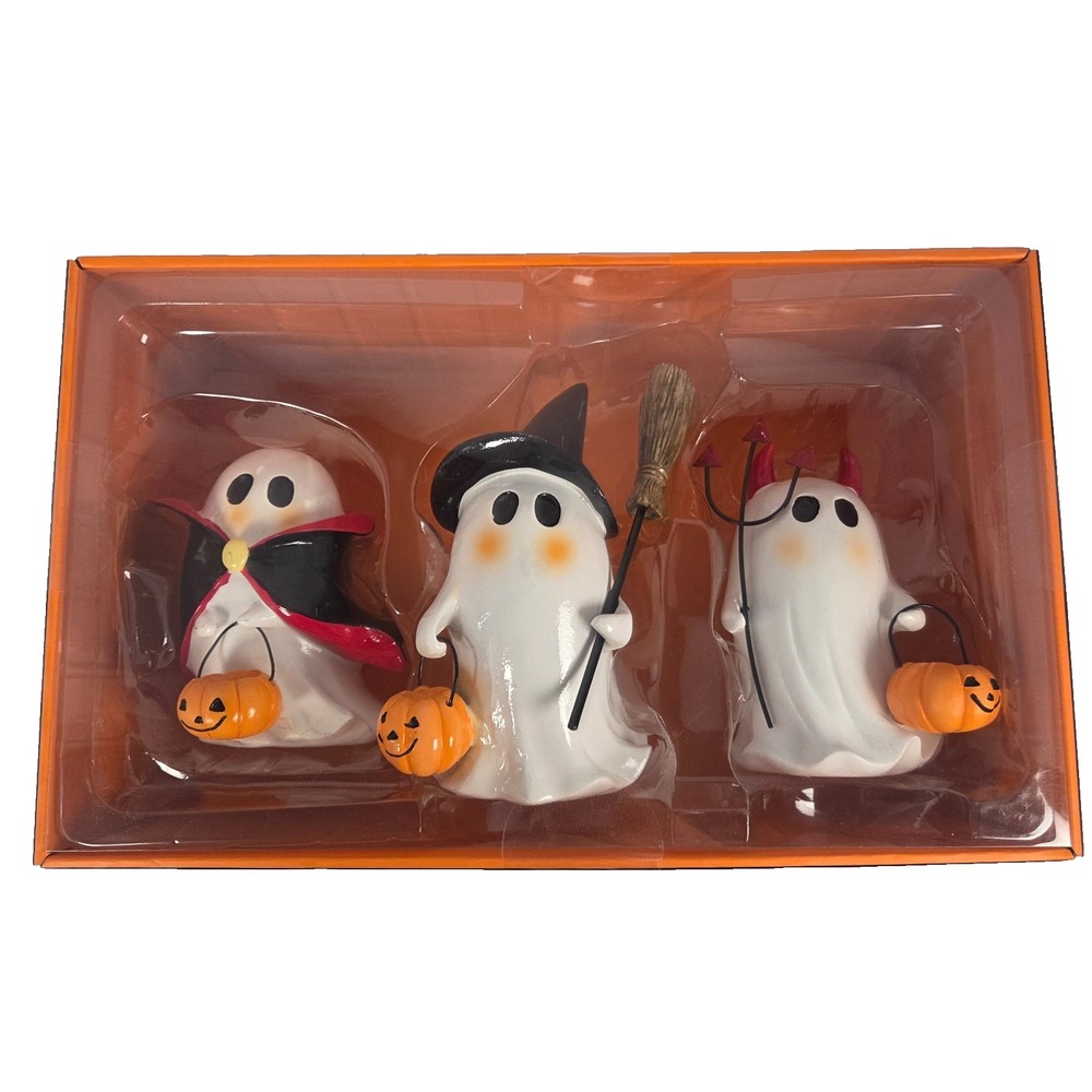 Jack O Lantern Lane Ghost Figurines Set 3 Small Multicolor NEW Halloween Decor